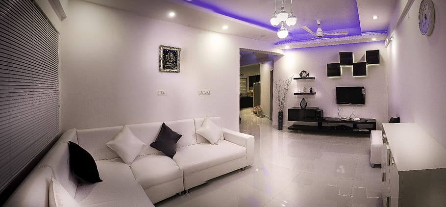 white sectional couch in front of white wooden sideboard, hall HD wallpaper