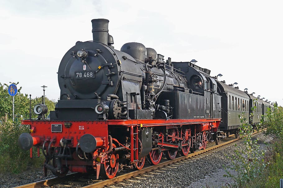 black and red steam locomotive train, tank locomotive, prussian