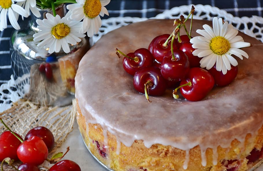round baked cake with cherries, on top, cherry pie, kitchen, flour