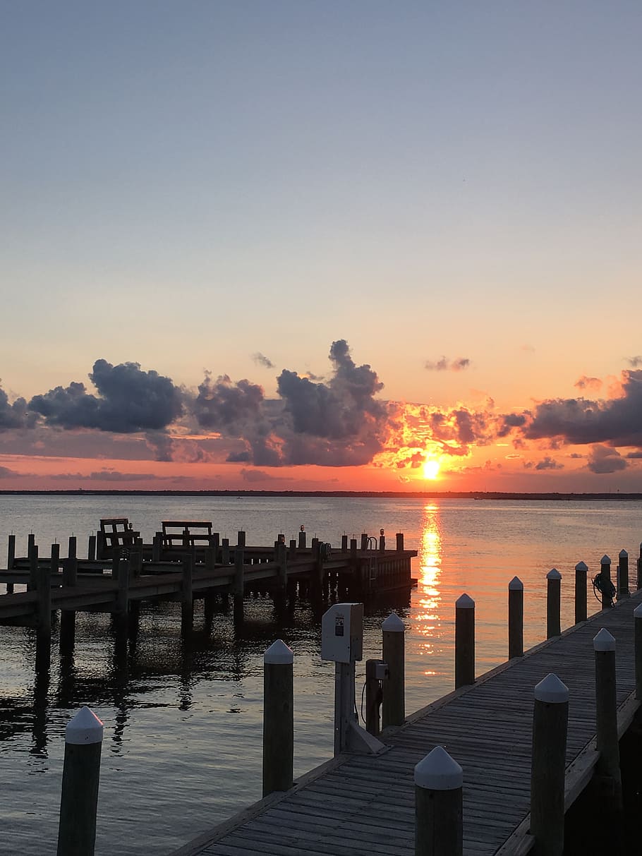 sunset, dock, bay, water, sky, pier, dusk, commercial, clouds HD wallpaper