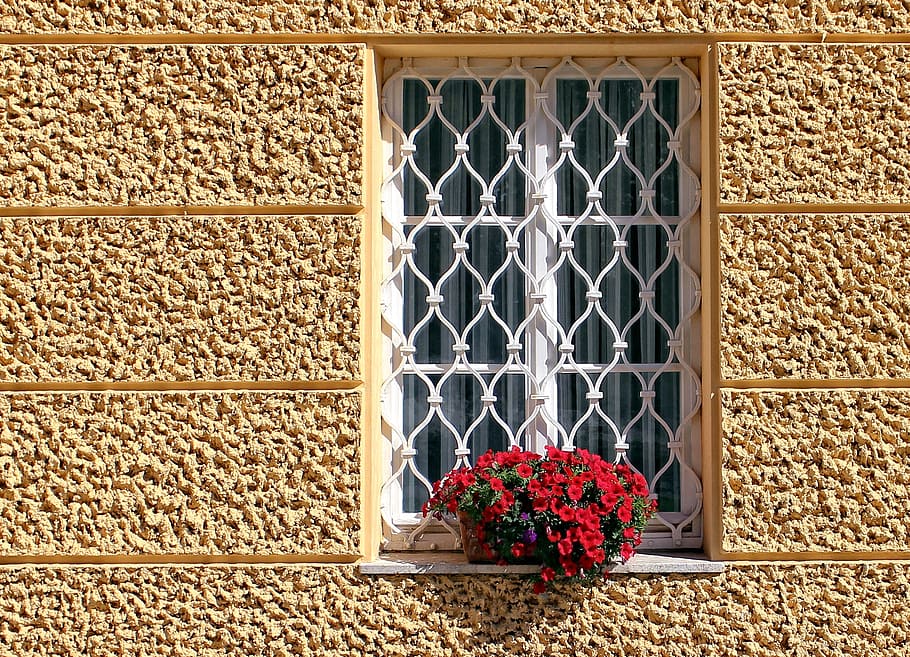 red flowers in white apron window, Grilles, Grid, Old, window grilles, HD wallpaper
