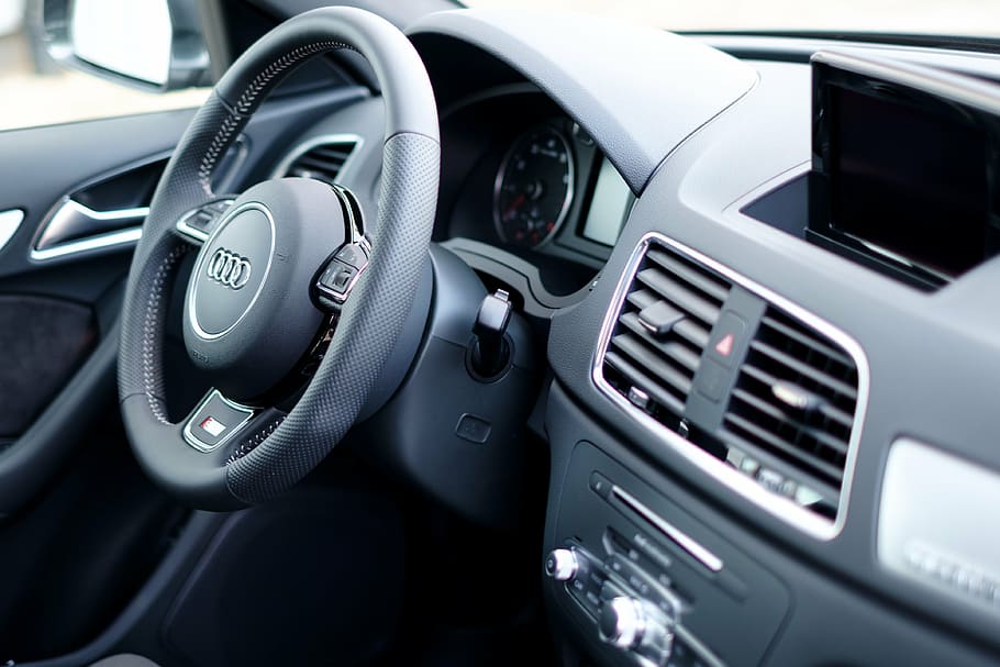 black and silver Audi car interior, auto, transport, design HD wallpaper