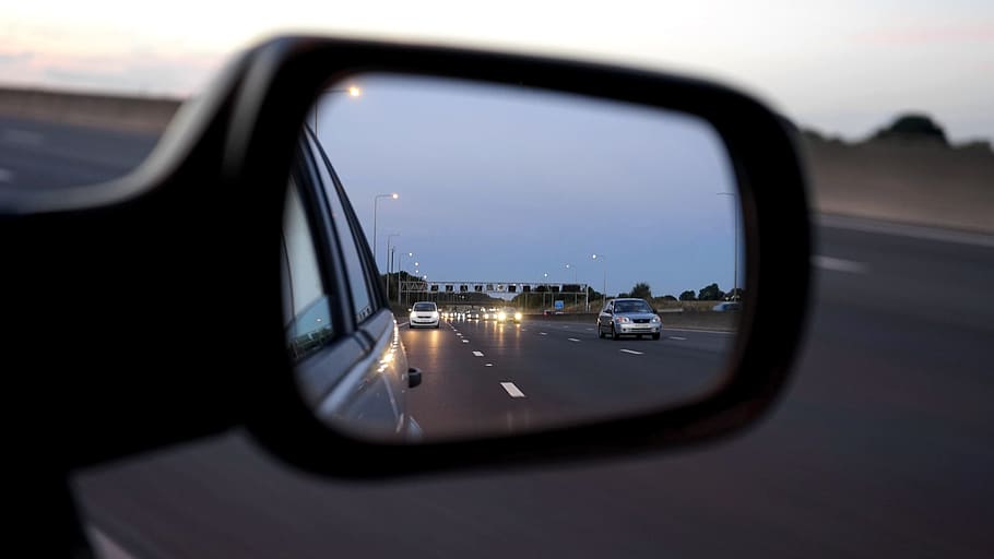 vehicle side mirror, car, road, automobile, transportation, driving, HD wallpaper