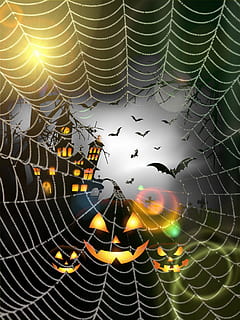 helloween, pumpkin, moon, bats, witch's house, cobweb, happy halloween HD wallpaper