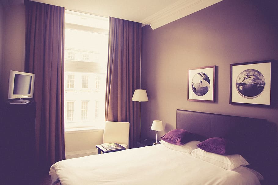 brown wooden bed near opened window, hotel room, pillows, frames HD wallpaper