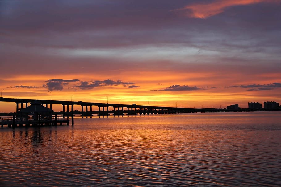 sunset, florida, river, bridge, caloosahatchee, orange, golden HD wallpaper