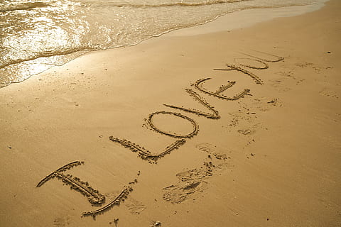 brown sand with I LOVE YOU text during daytime, article, beach HD wallpaper