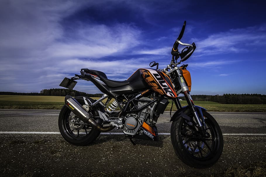 HD wallpaper: orange and black KTM Duke motorcycle, sky, road, landscape,  out | Wallpaper Flare