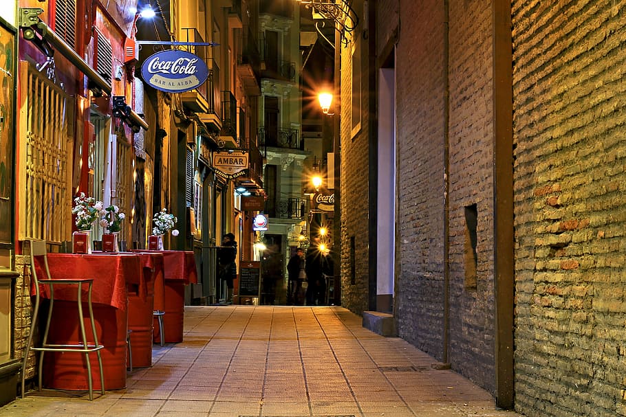 empty alley during daytime, bar, street, city, night, dinner