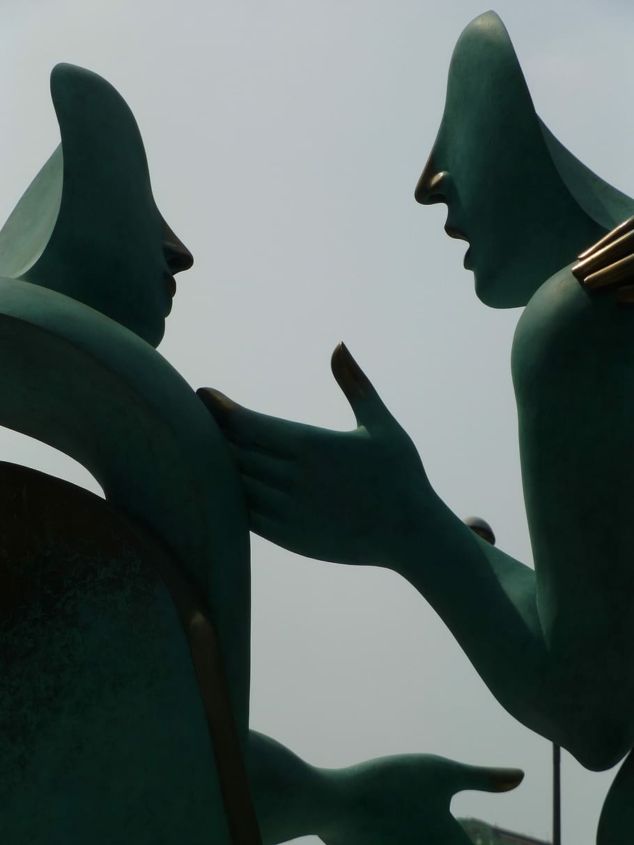 Singapore, Statue, Discussion, silhouette, two people, young adult HD wallpaper