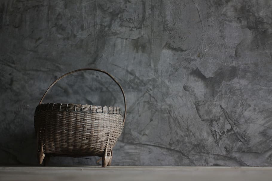 brown wicker basket on gray surface, weave, bamboo, wall - building feature HD wallpaper