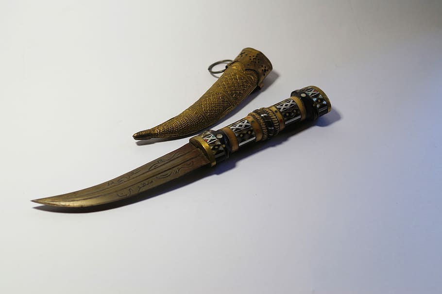 brass Jambiya knife, kukri, oriental, handmade, arabic, white background