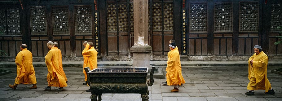 group of person wearing yellow robe, monk, building, monastery HD wallpaper