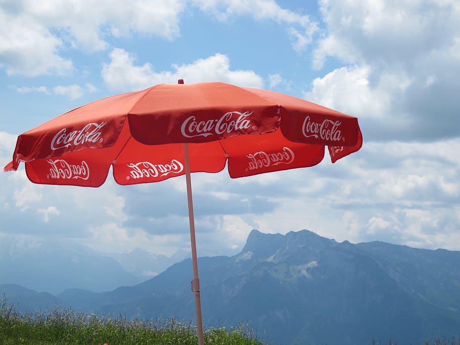 coca cola, coka, parasol, wind, summer, alpine, mountains, einkehr, HD wallpaper