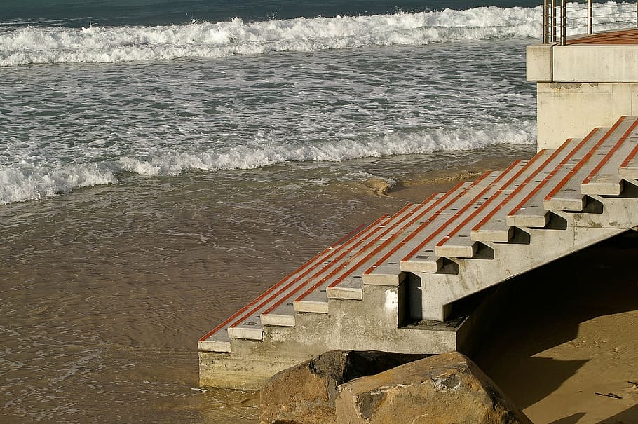 steps, concrete, beach, sea, ocean, sand, australia, water HD wallpaper