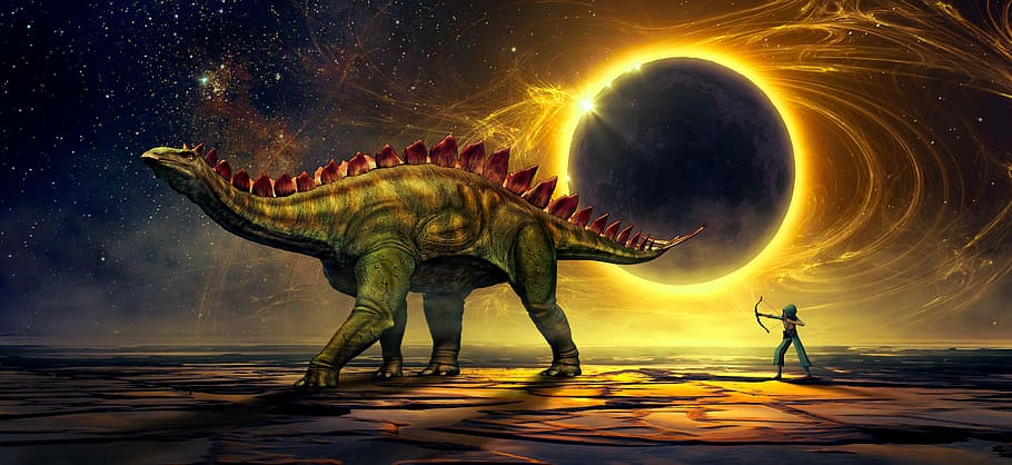 person pointing arrow in front of dinosaur during total solar eclipse digital wallpaper HD wallpaper