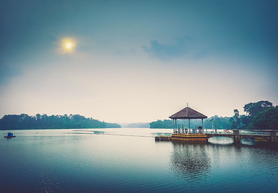 bridge, pier, dock, gazebo, lake, water, outdoors, sunshine HD wallpaper