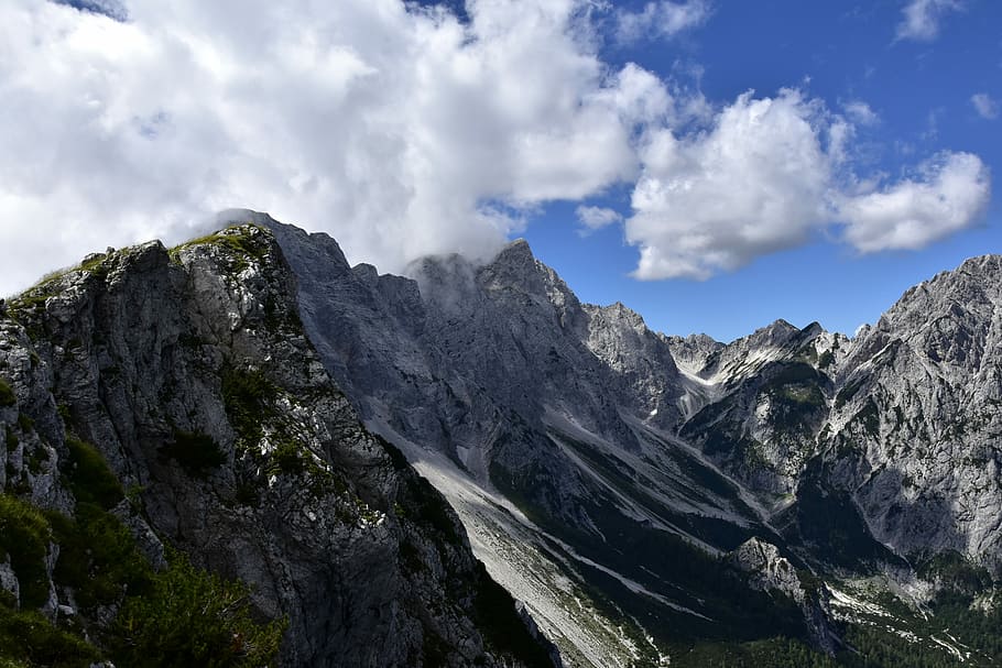 mountain alps with snow, scenery of waterfalls on gray mountain HD wallpaper