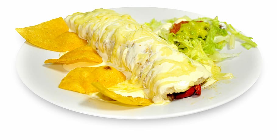 round white ceramic plate, burrito gratin, nachos, food, mexican, HD wallpaper