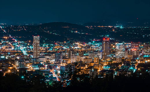 Night Cityscape with lights in Portland, Oregon, photos, public domain HD wallpaper