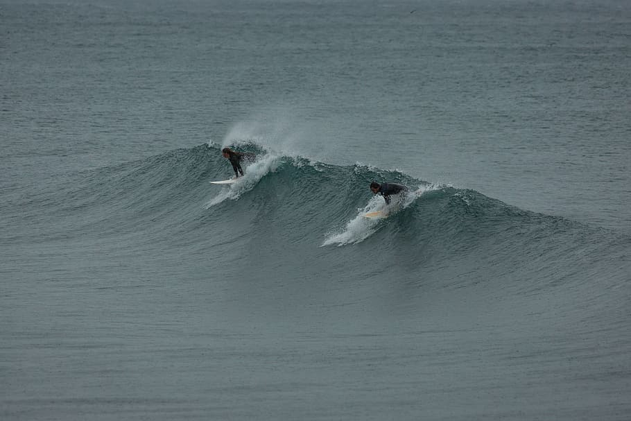 Surf Duo, two person surfing on body of water, wave, sea, ocean HD wallpaper