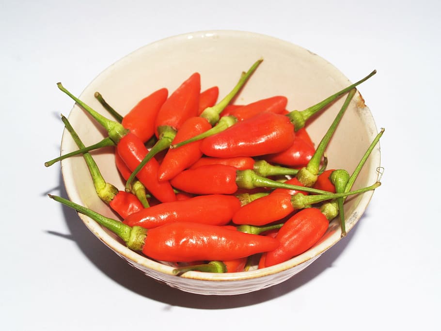 bowl of red chili peppers, chilli, hot, paprika, green, white HD wallpaper