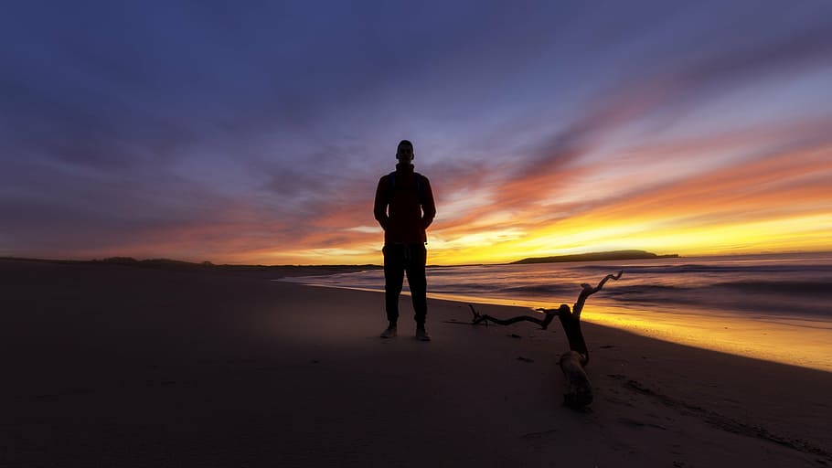 man standing on seashore, backlit, beach, dawn, dusk, landscape, HD wallpaper