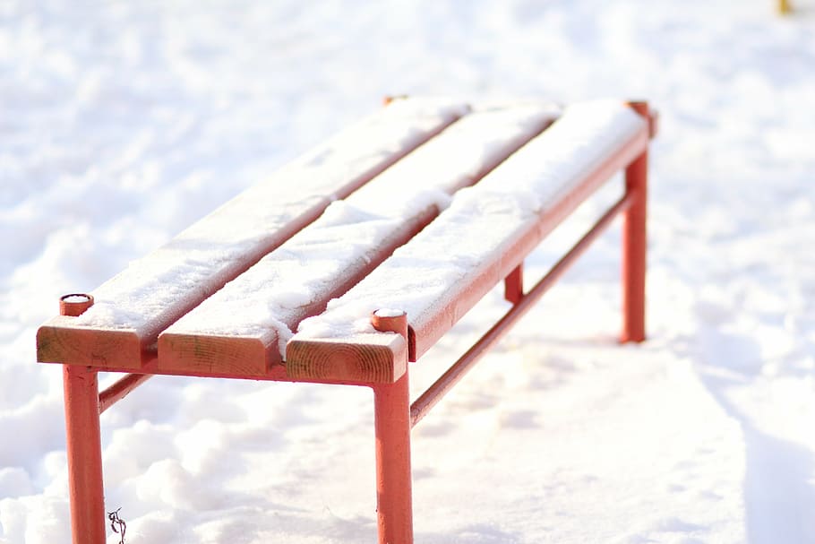 bench, red, winter, snow, winter morning, cold temperature HD wallpaper