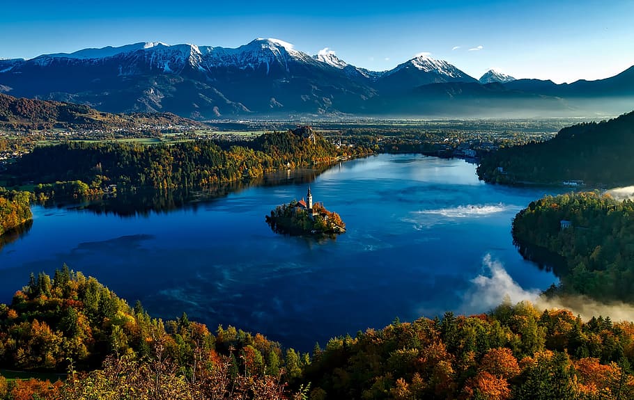 aerial photography of body of water surrounded by trees, bled HD wallpaper
