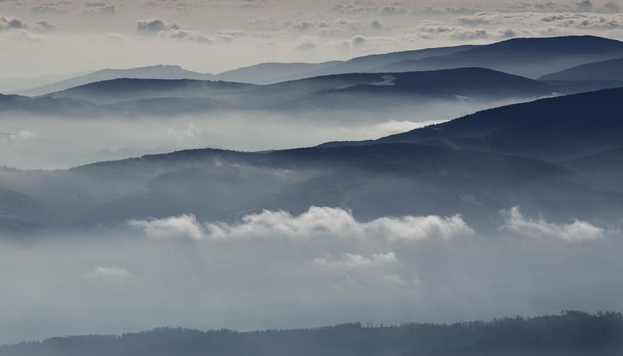 birds eye photography of mountain with clouds, remote, mountains HD wallpaper