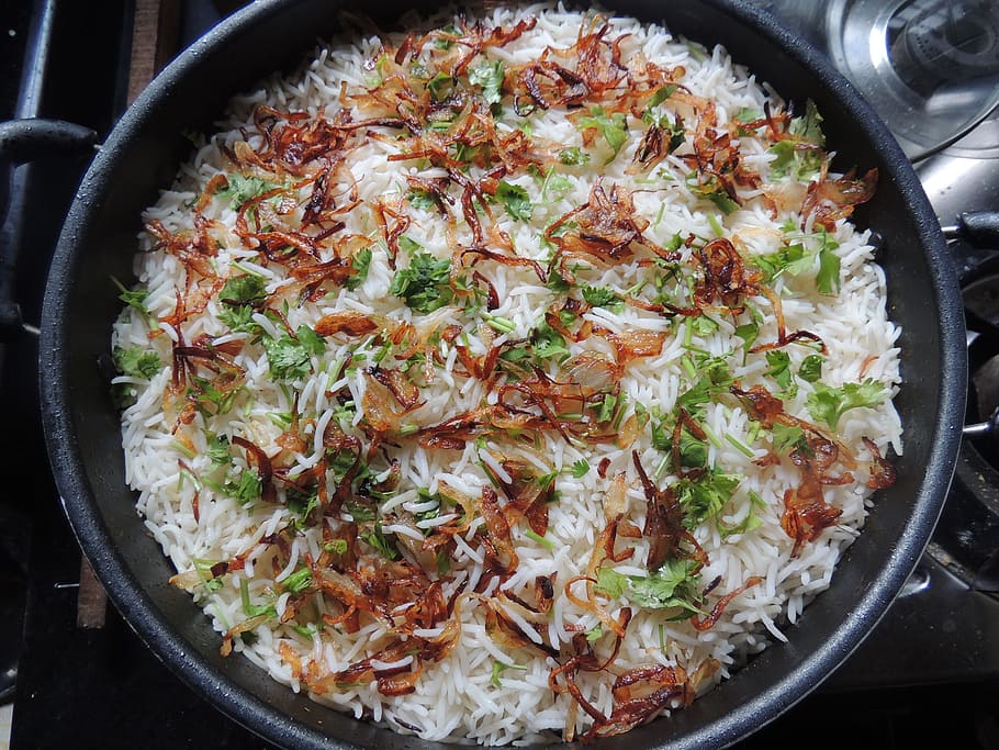 rice and vegetables in wok, biryani, food, indian, cuisine, asian