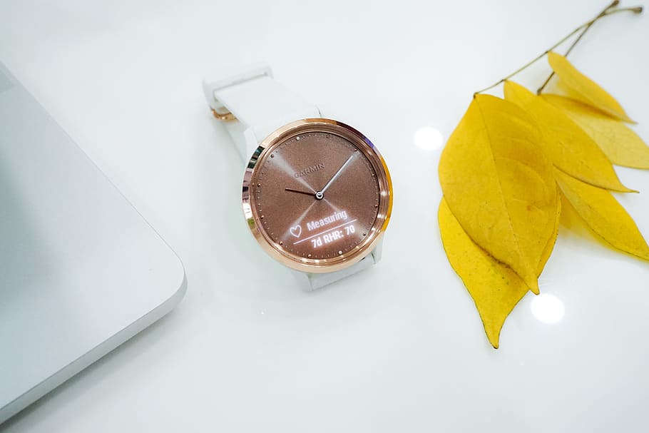 watch, smartwatch, yellow, leaf, time, technology, wearable HD wallpaper
