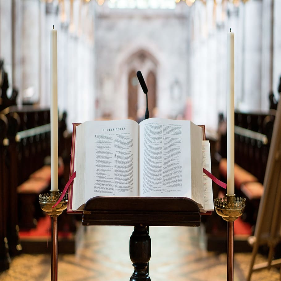 building, table, architecture, blur, bible, book, candles, cathedral HD wallpaper