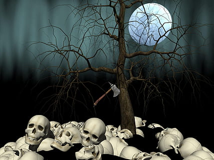 bare tree and skulls 3D illustrations, moon, weird, scary, horror HD wallpaper