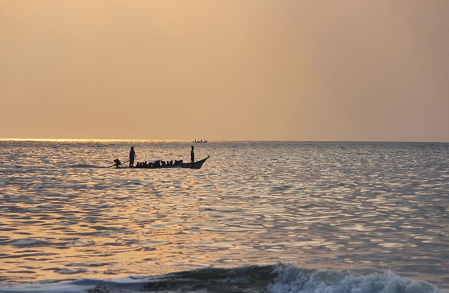 water, sea, sunset, dawn, ocean, fisherman, nature, composure HD wallpaper