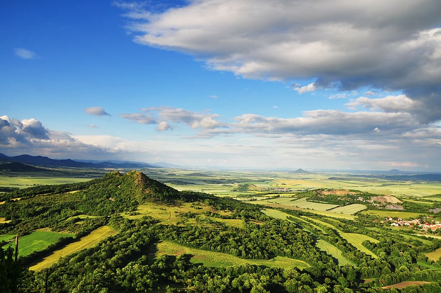 high view of mountain, landscape, blue sky, clouds, hills, field HD wallpaper