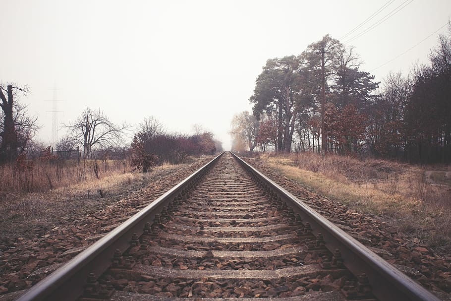 Endless Railway, fog, railroad Track, transportation, train, steel, HD wallpaper