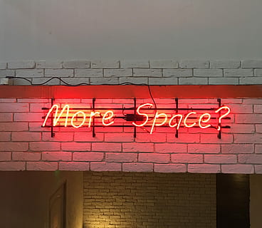 More Space?, red neon More Space? signage, brick, wall, white HD wallpaper