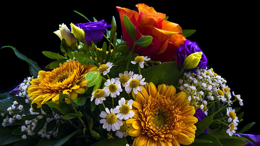 variety of flower bouquet, flowers, valentine's day, orange, rose