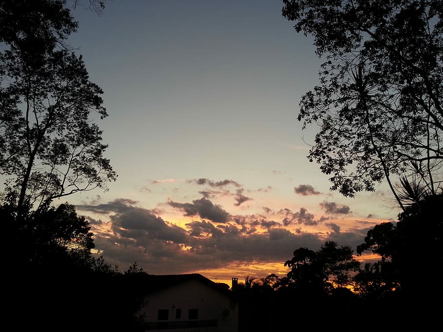 Sunset, Trees, Landscape, silhouette, house, sky, no people HD wallpaper
