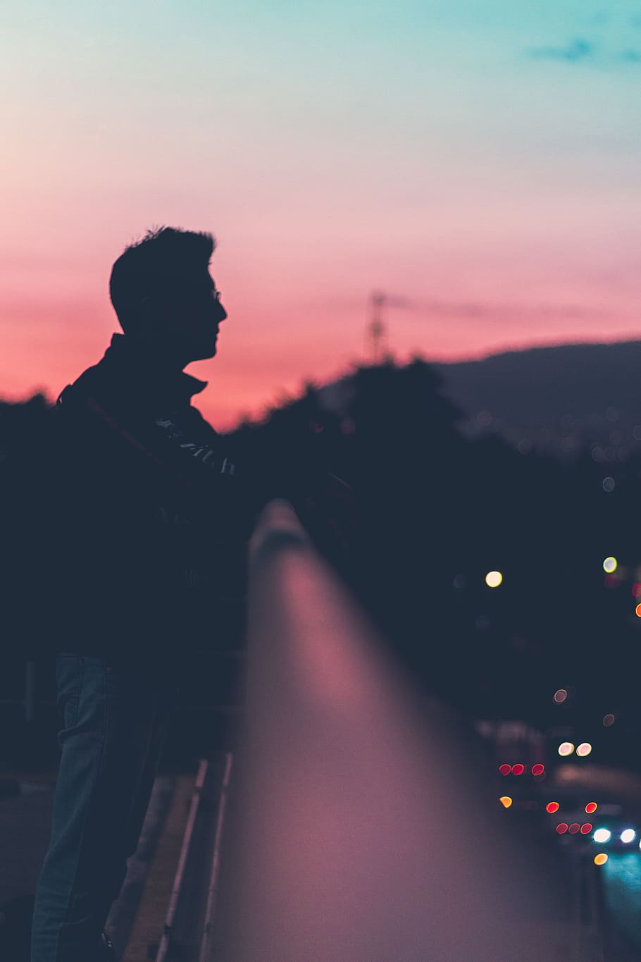 people, man, guy, standing, alone, dark, sunset, bokeh, sky