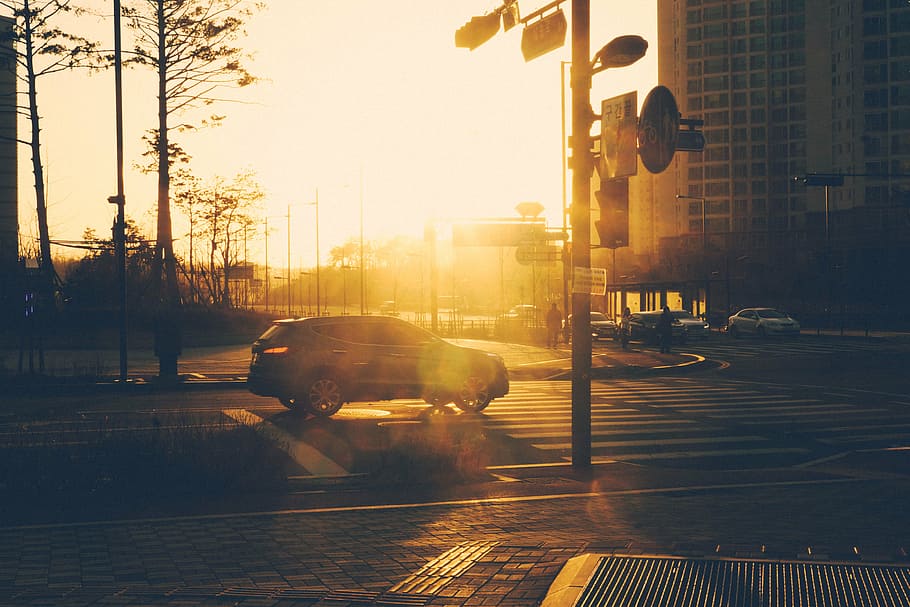 silver SUV crossing pedestrian lane during golden hour, gray HD wallpaper