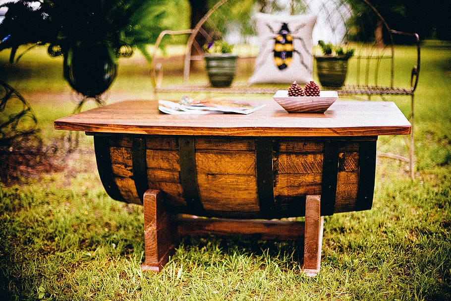 selective focus photo of barrel table on grass, rustic, wooden HD wallpaper