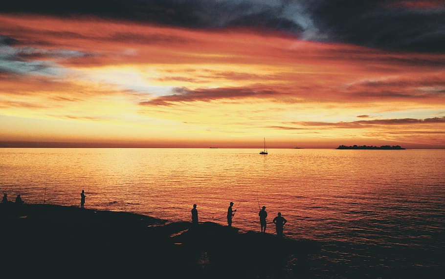 backlit, beach, dawn, dusk, fishing, horizon, lake, landscape HD wallpaper