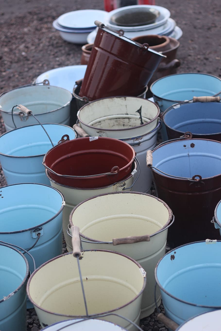 bucket, shape, crowd, several, cyan light blue, steel, high angle view HD wallpaper