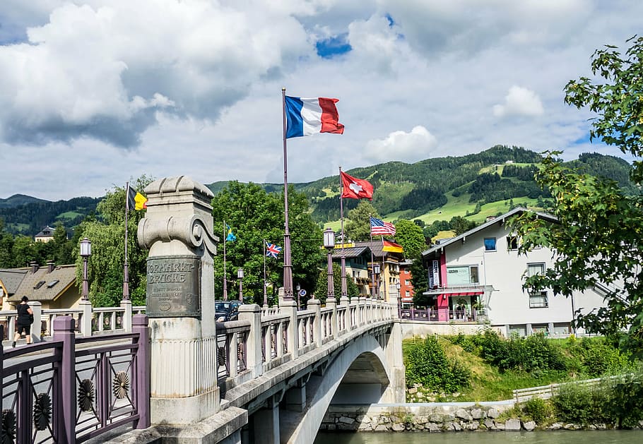 austria, st johann, bridge, flags, europe, travel, architecture HD wallpaper