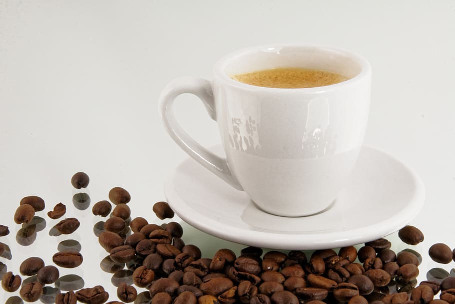 cup of coffee on saucer, beans, coffee beans, espresso, coffee cup HD wallpaper