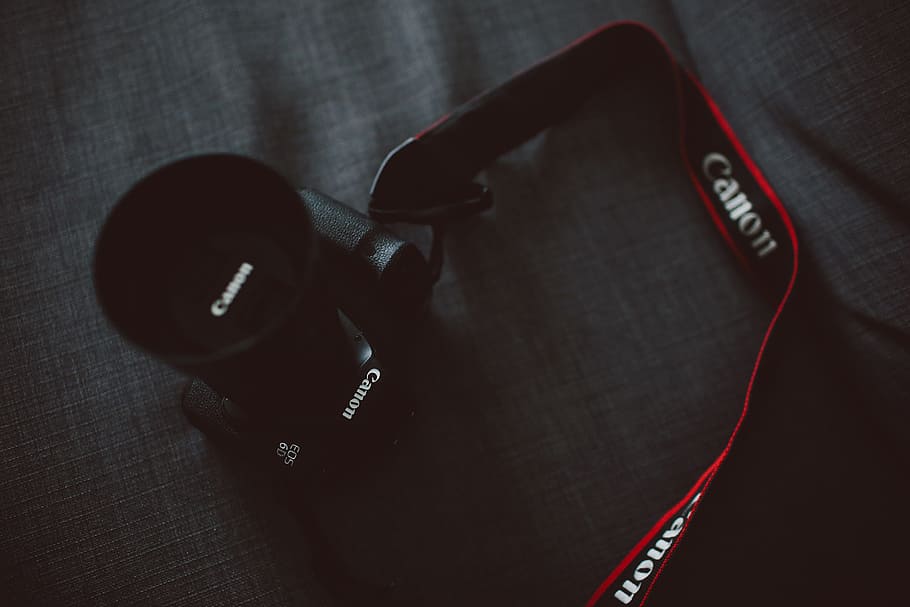 Canon camera and strap, technology, black Color, sport, no people HD wallpaper
