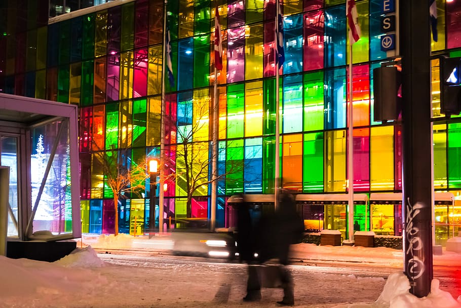 Color Illumination, multicolored glass building during nighttime HD wallpaper