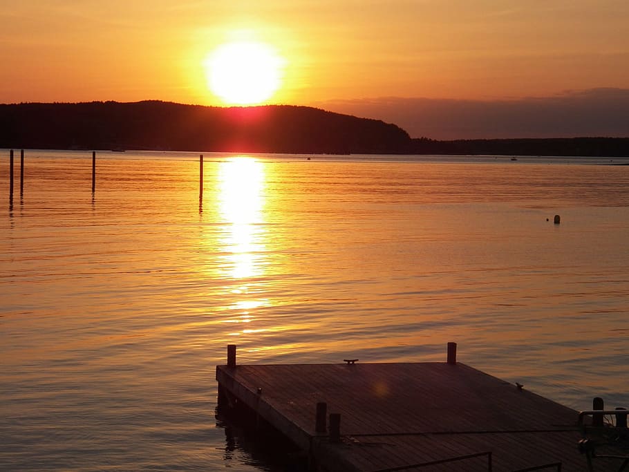 sun, sunset, sunsets, dusk, ocean, bay, harbor, sea, pier, nature HD wallpaper